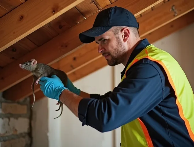 Technician inspecting a roof cavity for a dead rat in Flemington